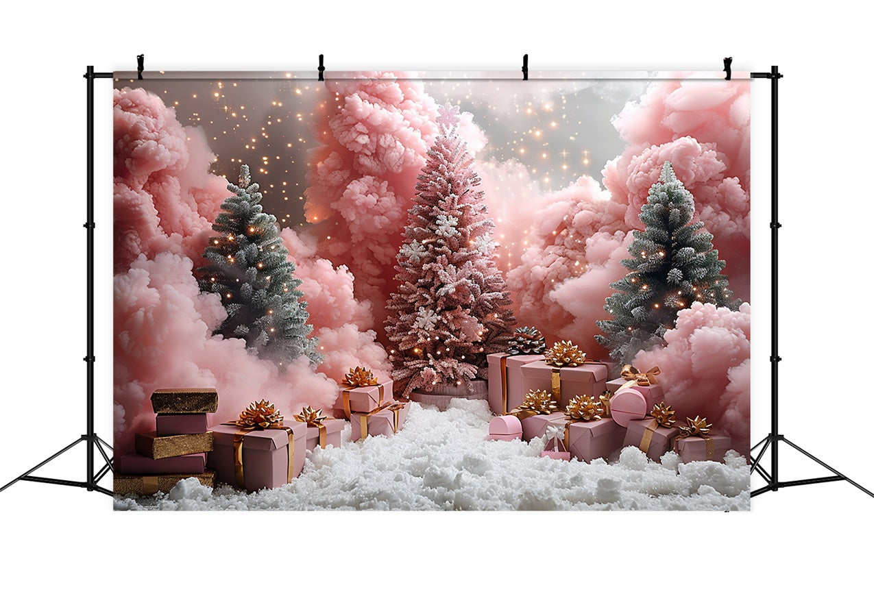 Frosted Pink Pines with Christmas Gifts and Snow Backdrop UK BRP9-106