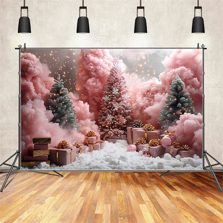 Frosted Pink Pines with Christmas Gifts and Snow Backdrop UK BRP9-106