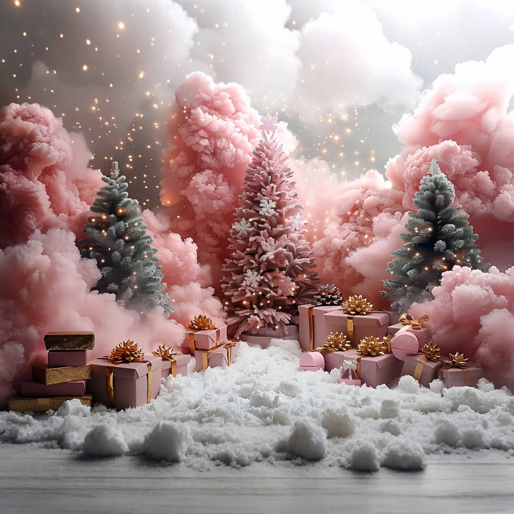 Frosted Pink Pines with Christmas Gifts and Snow Backdrop UK BRP9-106