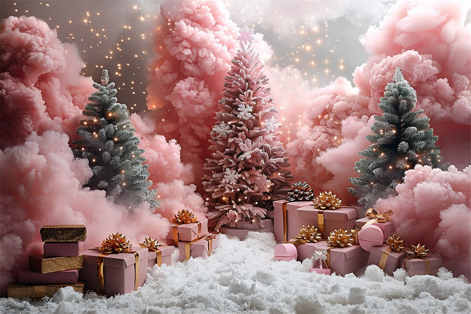 Frosted Pink Pines with Christmas Gifts and Snow Backdrop UK BRP9-106