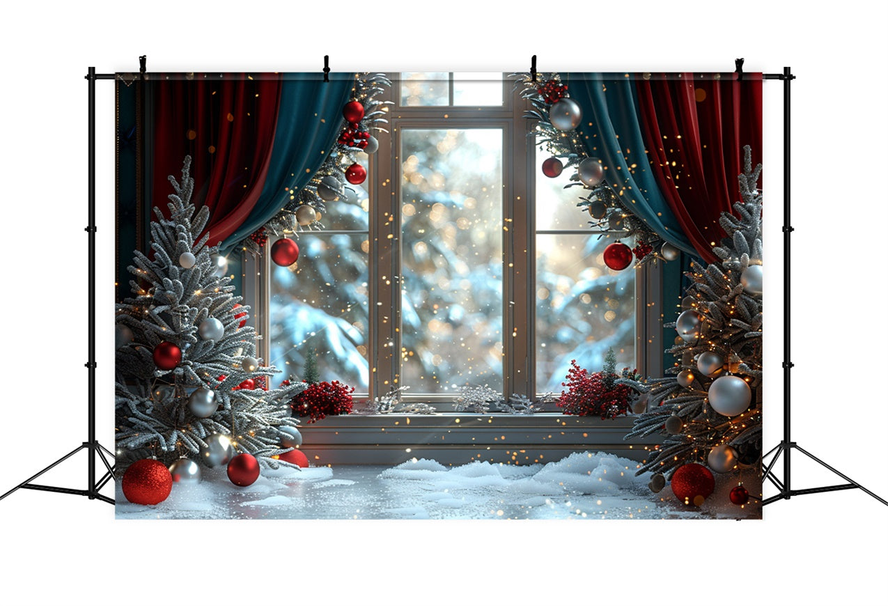 Snowy Christmas Window and Glittering Ornaments Backdrop UK BRP9-107