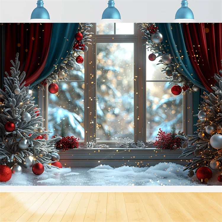 Snowy Christmas Window and Glittering Ornaments Backdrop UK BRP9-107