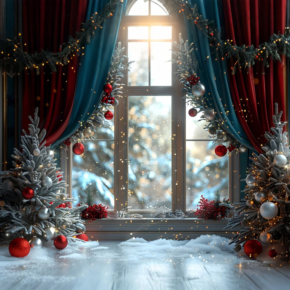 Snowy Christmas Window and Glittering Ornaments Backdrop UK BRP9-107