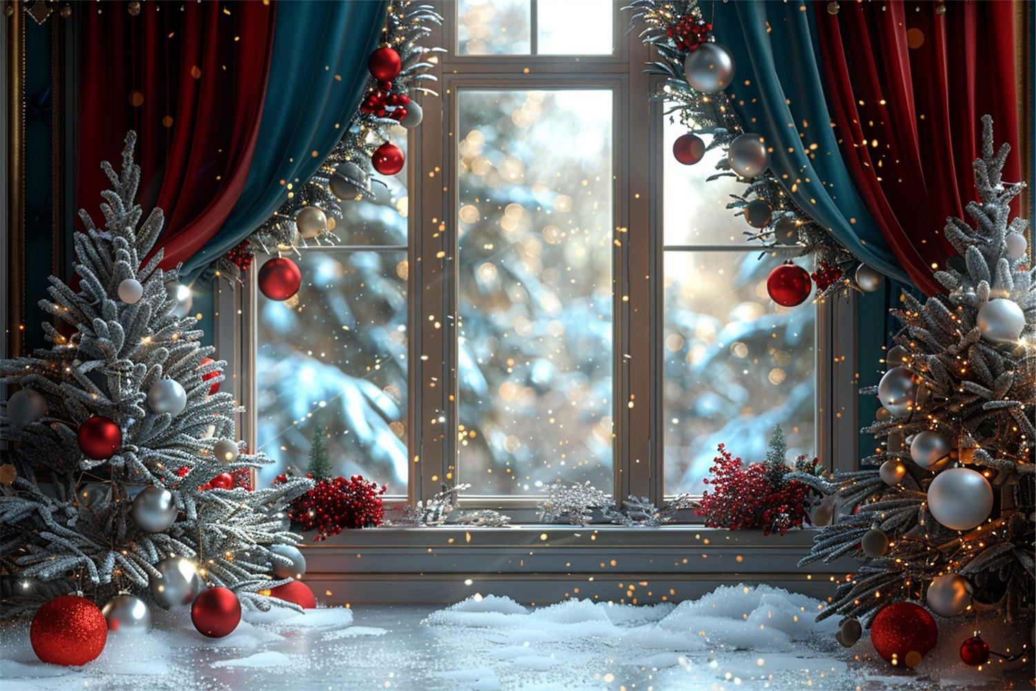 Snowy Christmas Window and Glittering Ornaments Backdrop UK BRP9-107