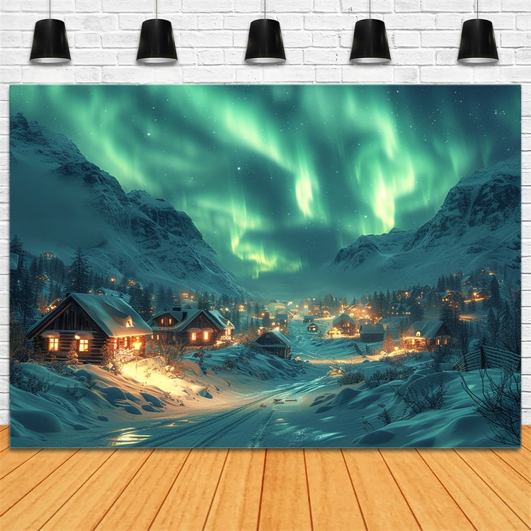 Northern Lights Over Snowy Christmas Village Backdrop UK BRP9-108