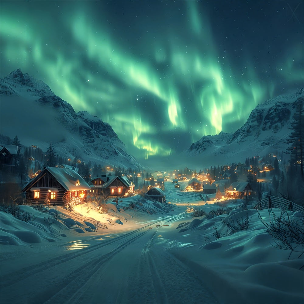 Northern Lights Over Snowy Christmas Village Backdrop UK BRP9-108