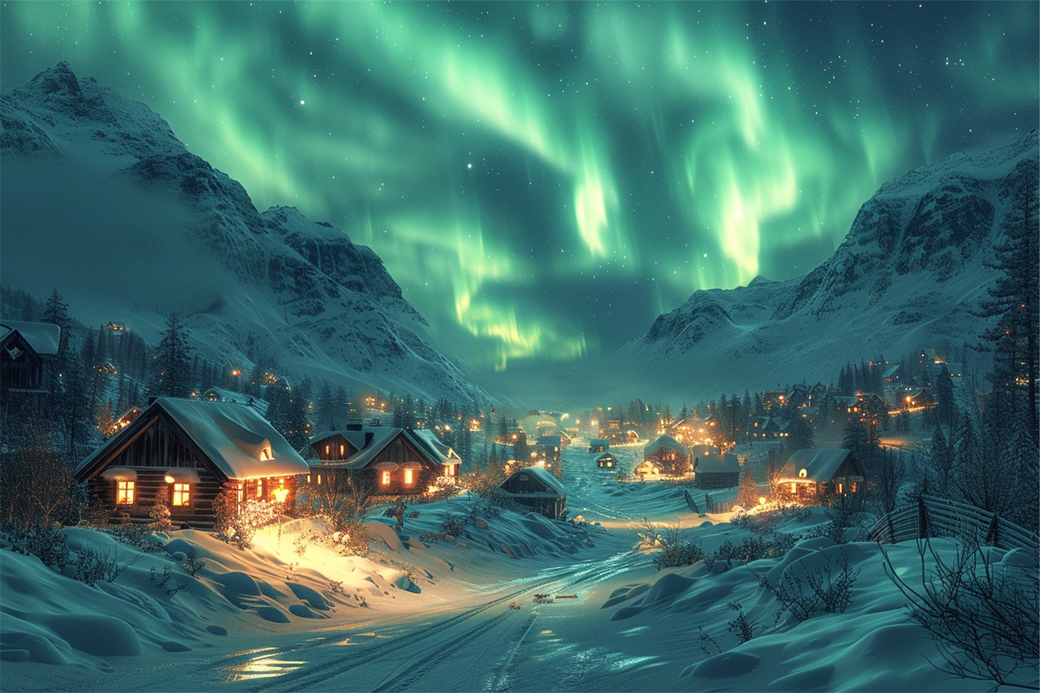 Northern Lights Over Snowy Christmas Village Backdrop UK BRP9-108