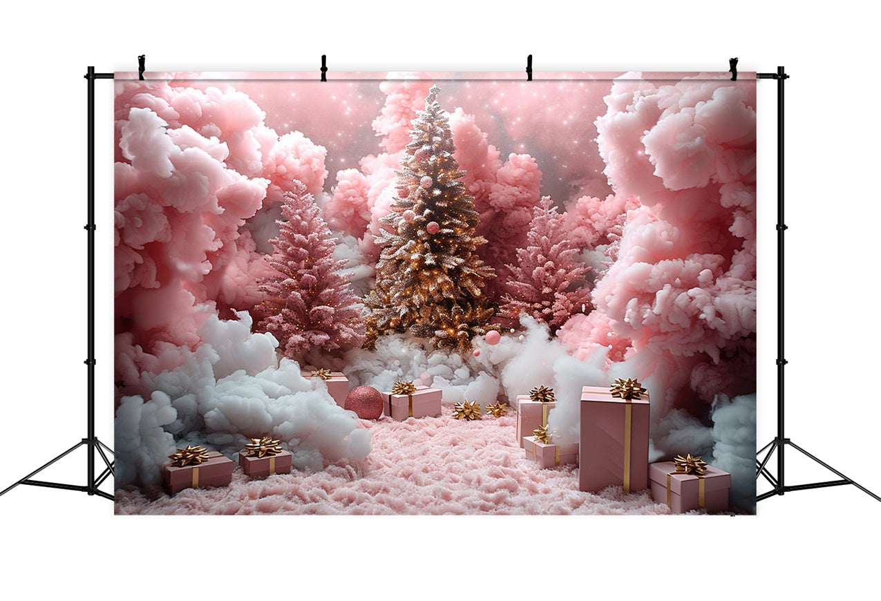 Pink Snow Clouds and Christmas Gifts Under the Tree Backdrop UK BRP9-110