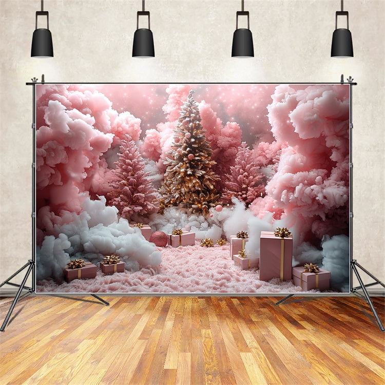 Pink Snow Clouds and Christmas Gifts Under the Tree Backdrop UK BRP9-110