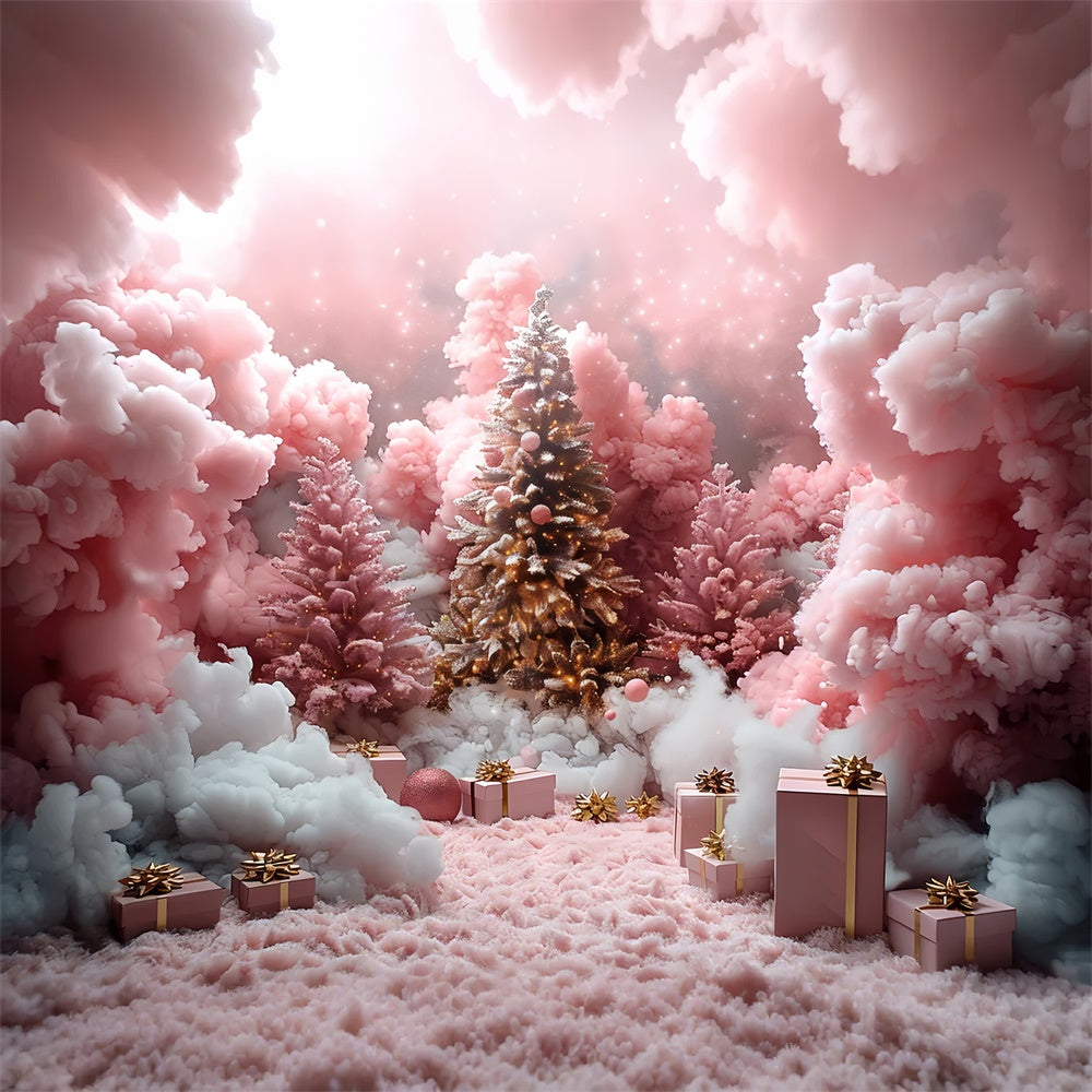 Pink Snow Clouds and Christmas Gifts Under the Tree Backdrop UK BRP9-110