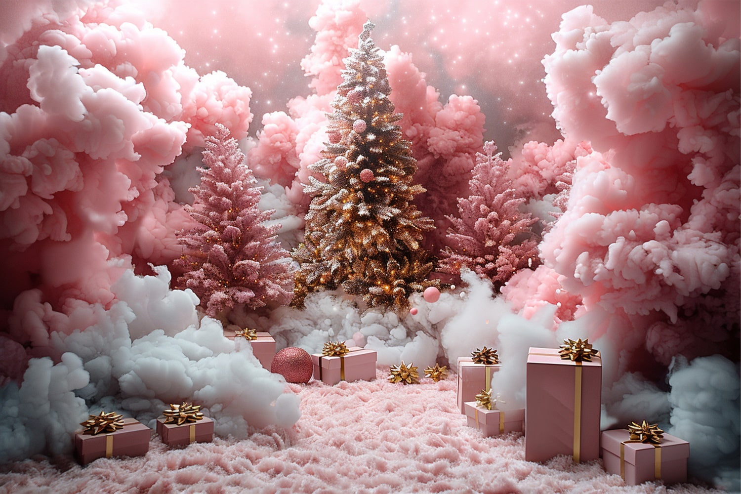 Pink Snow Clouds and Christmas Gifts Under the Tree Backdrop UK BRP9-110