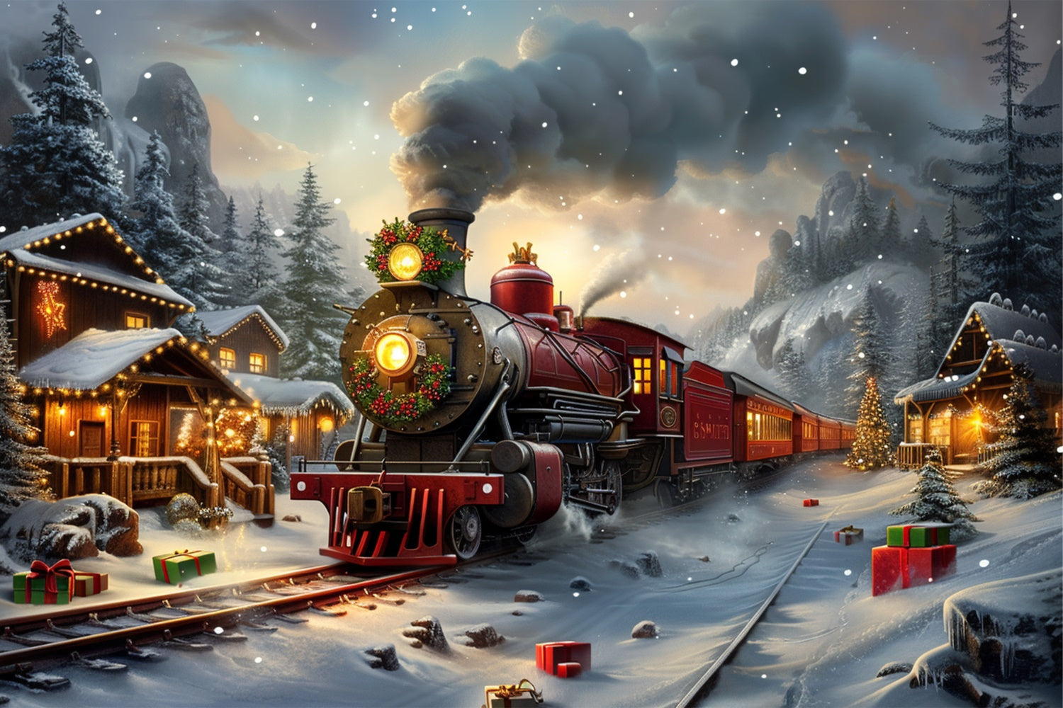 Vintage Christmas Express Through Snowy Village Backdrop UK BRP9-111