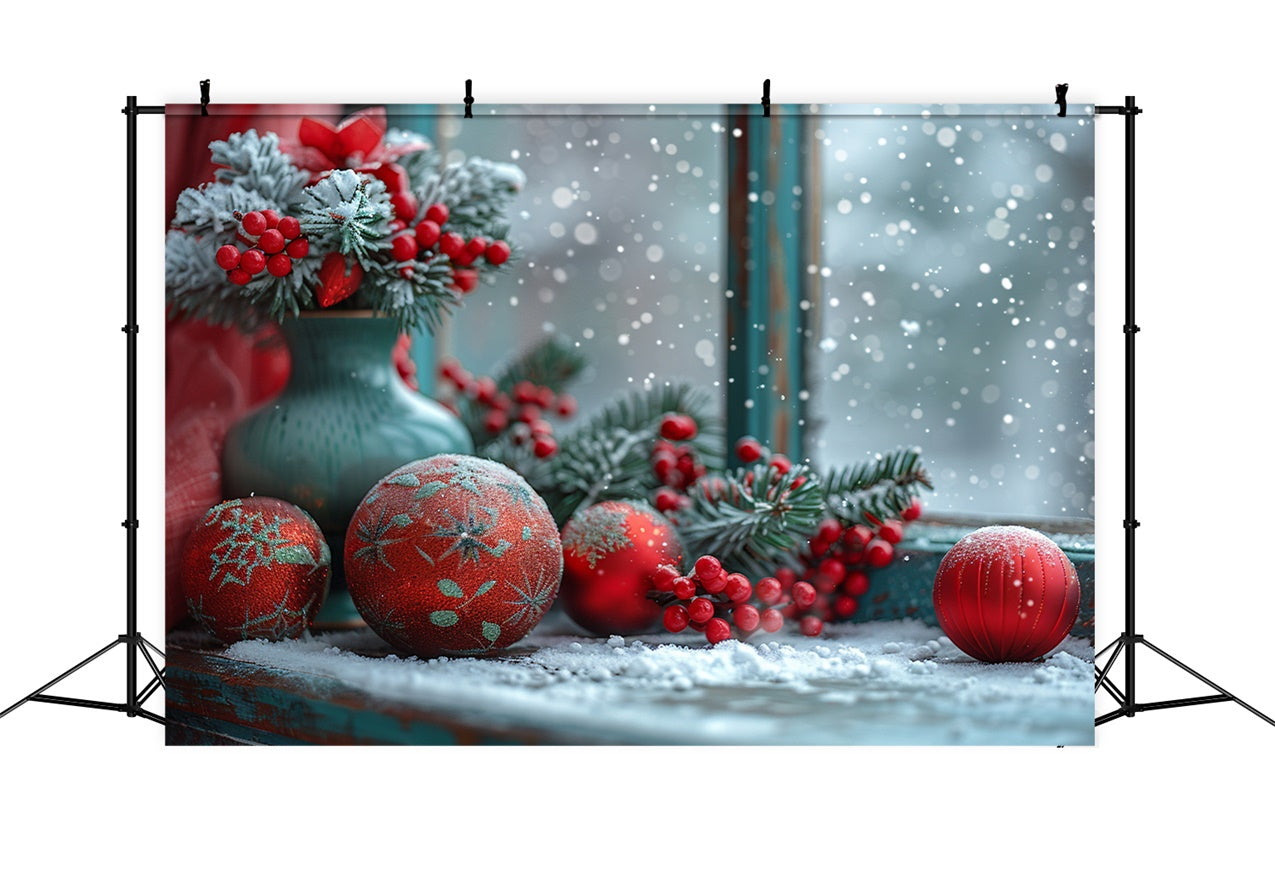 Snowy Window with Red Berries and Ornaments Backdrop UK BRP9-114