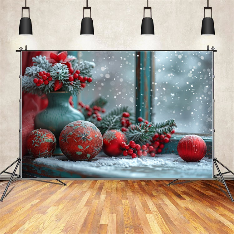 Snowy Window with Red Berries and Ornaments Backdrop UK BRP9-114