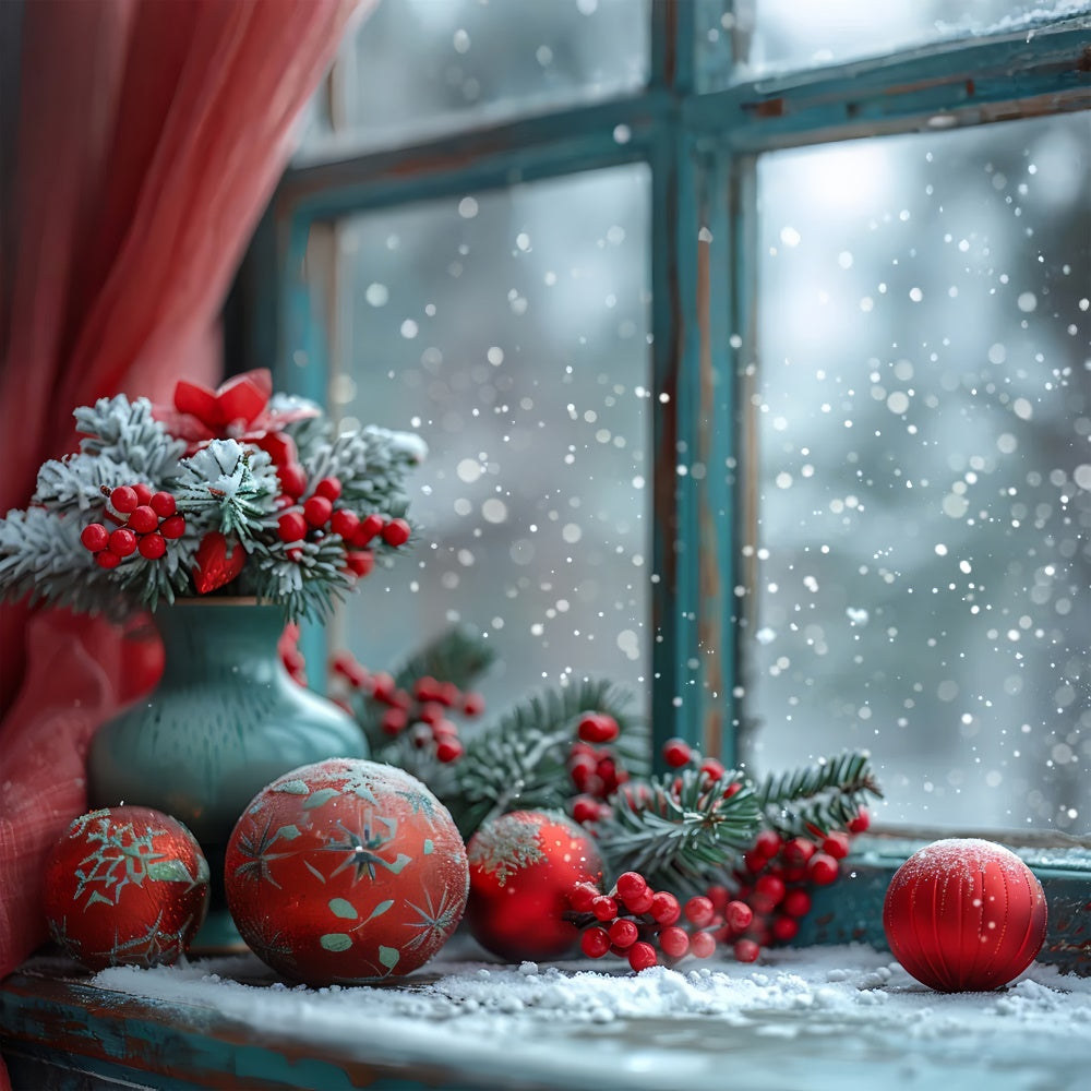 Snowy Window with Red Berries and Ornaments Backdrop UK BRP9-114