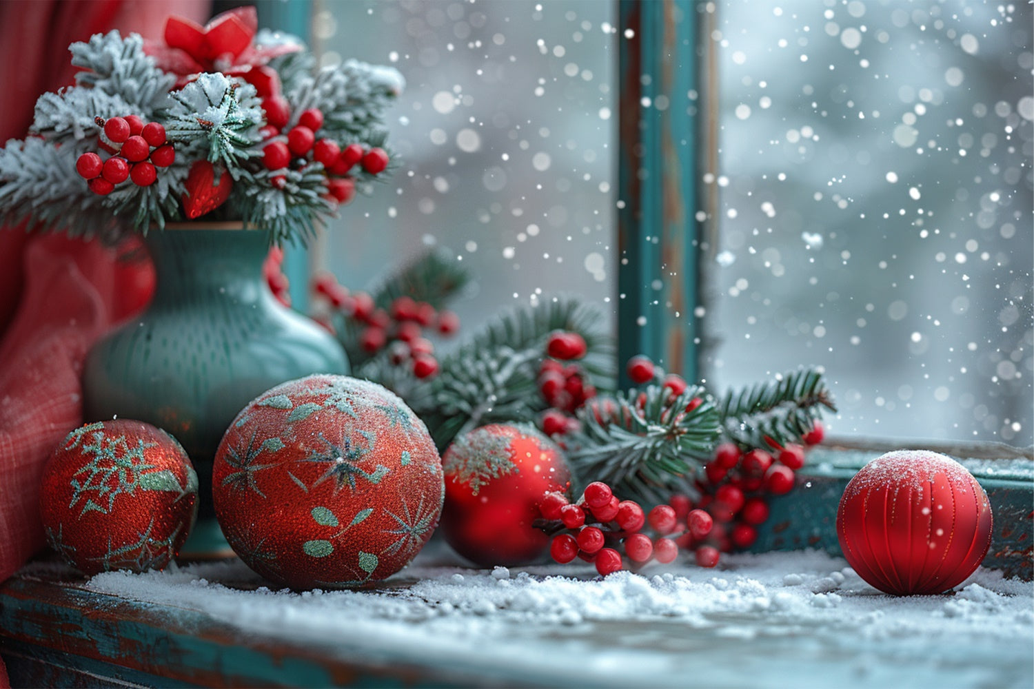 Snowy Window with Red Berries and Ornaments Backdrop UK BRP9-114