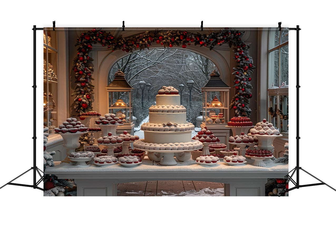 Christmas Dessert Table with Snowy Cakes Backdrop UK BRP9-115