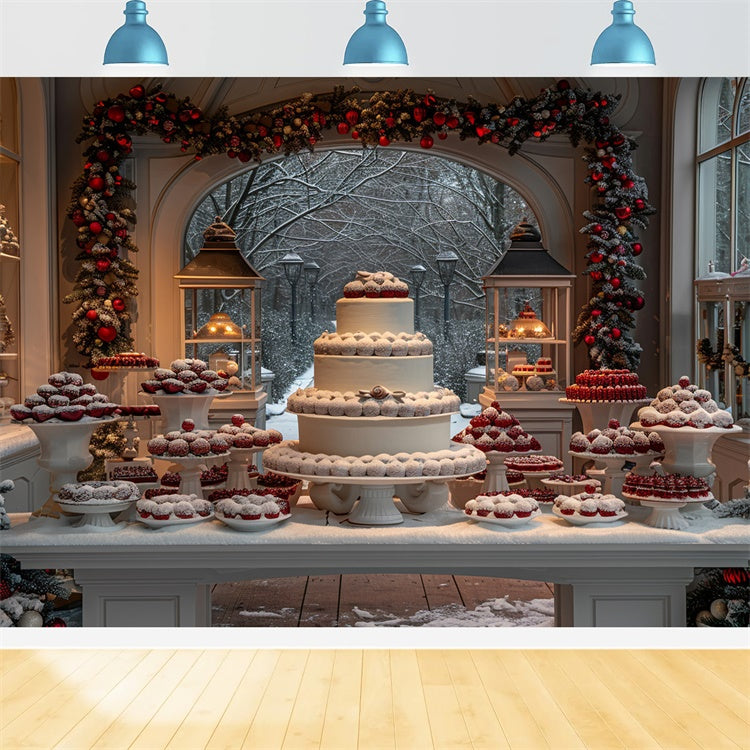 Christmas Dessert Table with Snowy Cakes Backdrop BRP9-115