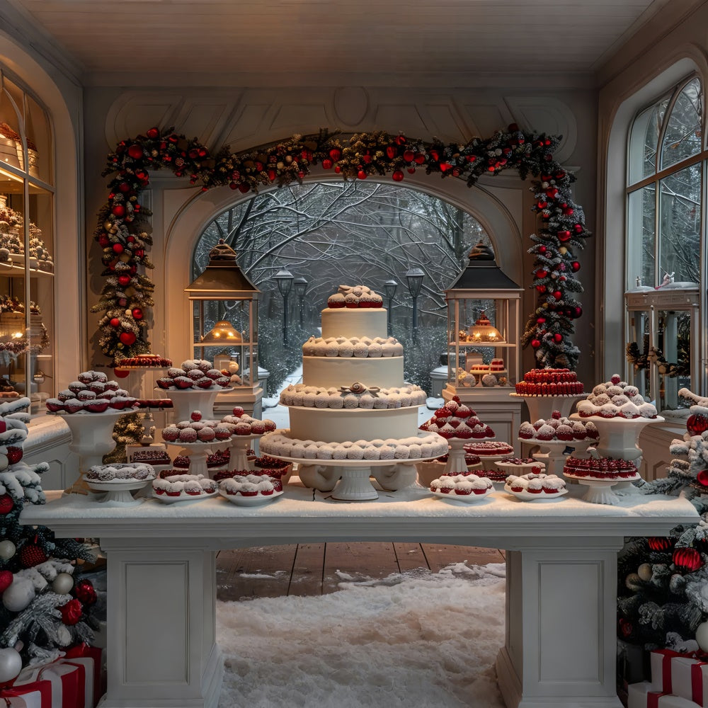 Christmas Dessert Table with Snowy Cakes Backdrop UK BRP9-115