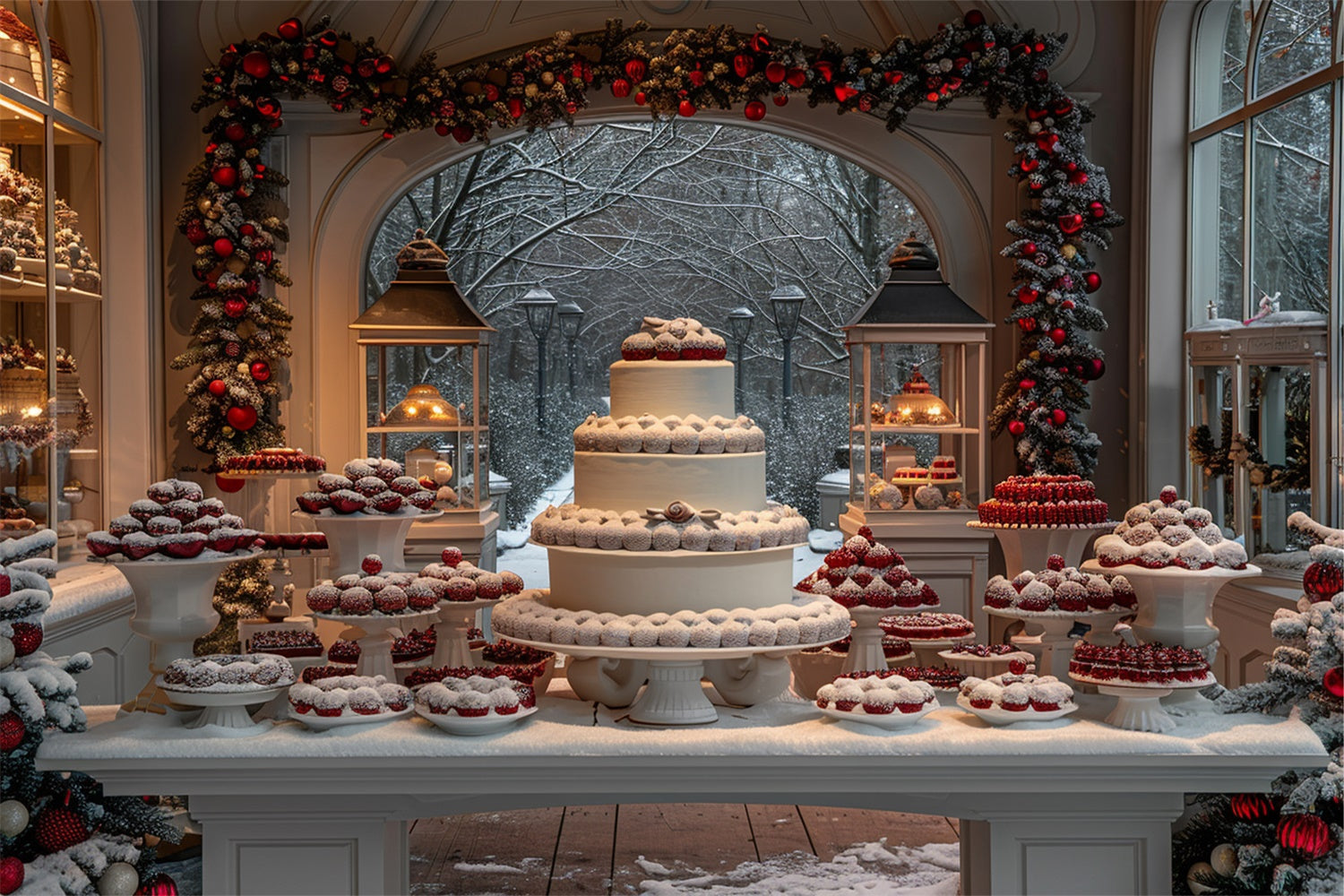 Christmas Dessert Table with Snowy Cakes Backdrop UK BRP9-115