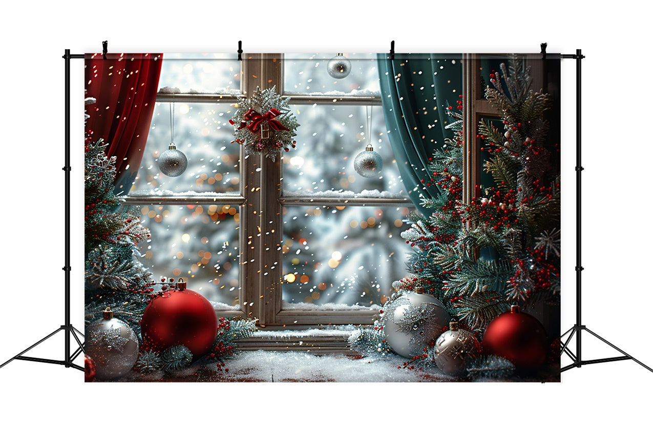 Snowy Christmas Window with Holiday Ornaments Backdrop BRP9-116