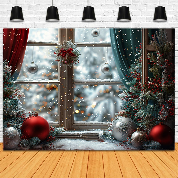 Snowy Christmas Window with Holiday Ornaments Backdrop UK BRP9-116