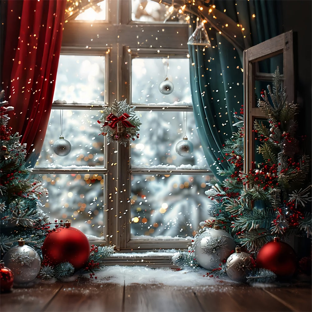 Snowy Christmas Window with Holiday Ornaments Backdrop BRP9-116