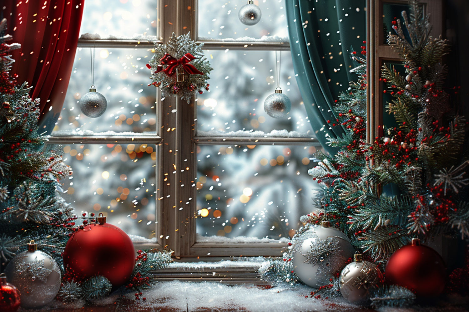 Snowy Christmas Window with Holiday Ornaments Backdrop UK BRP9-116