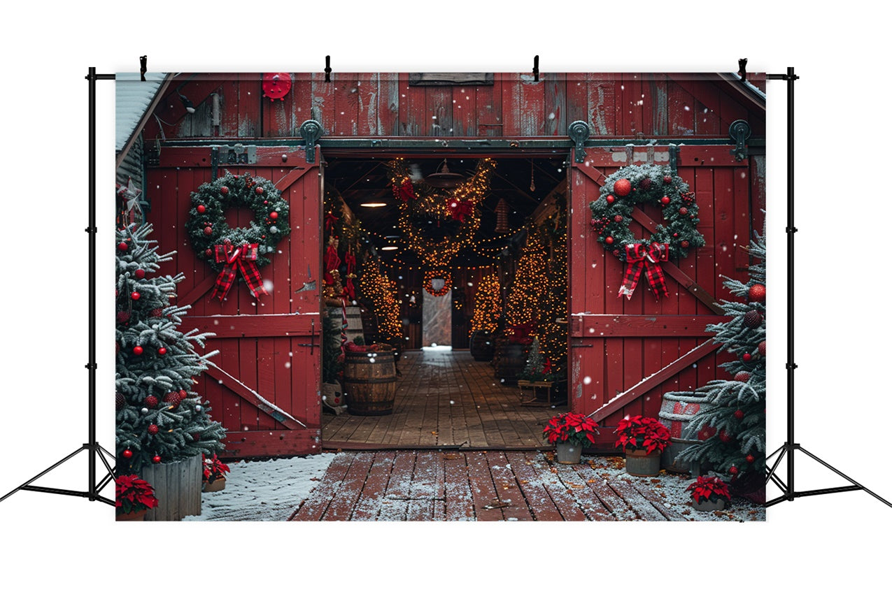 Rustic Barn Christmas Tree and Wreath Wonderland Backdrop UK BRP9-117