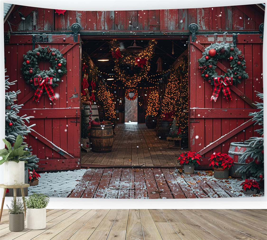 Rustic Barn Christmas Tree and Wreath Wonderland Backdrop UK BRP9-117