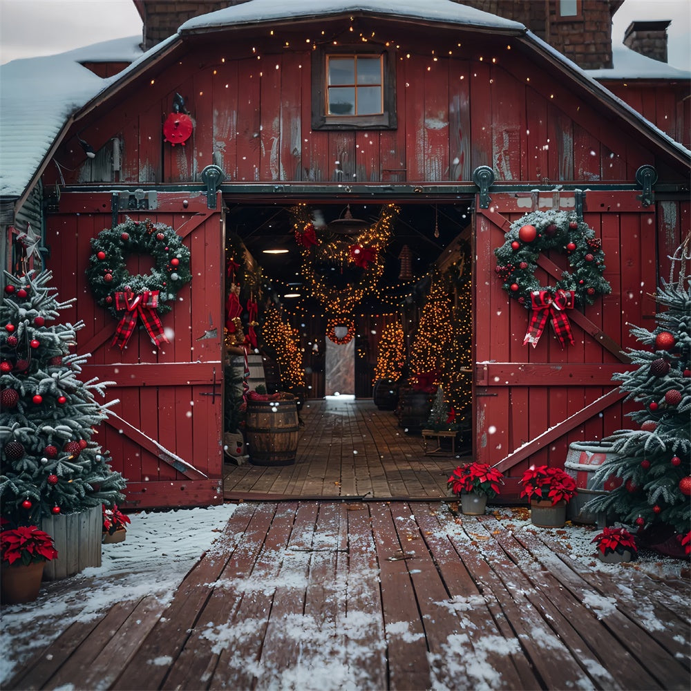 Rustic Barn Christmas Tree and Wreath Wonderland Backdrop UK BRP9-117