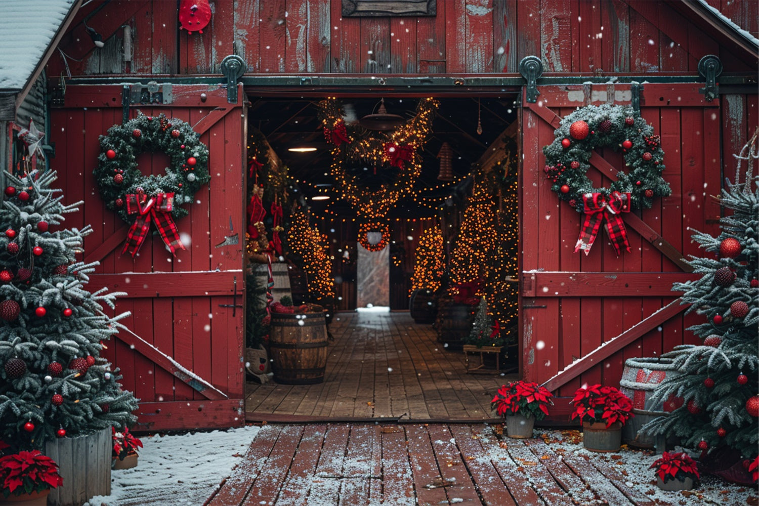 Rustic Barn Christmas Tree and Wreath Wonderland Backdrop BRP9-117