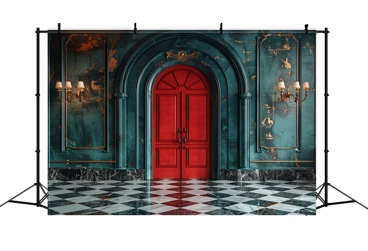 Classic Red Door with Elegant Teal Walls Backdrop UK BRP9-118