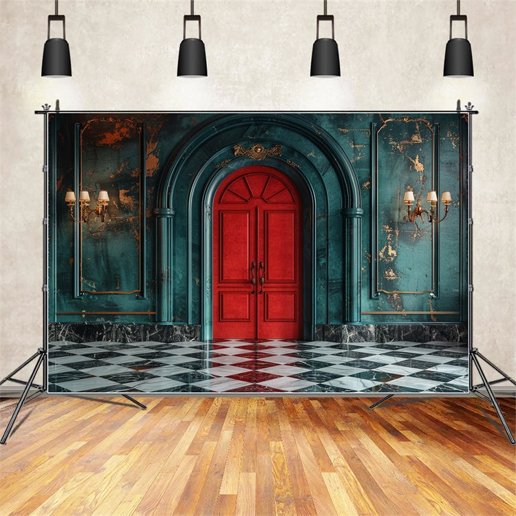 Classic Red Door with Elegant Teal Walls Backdrop UK BRP9-118