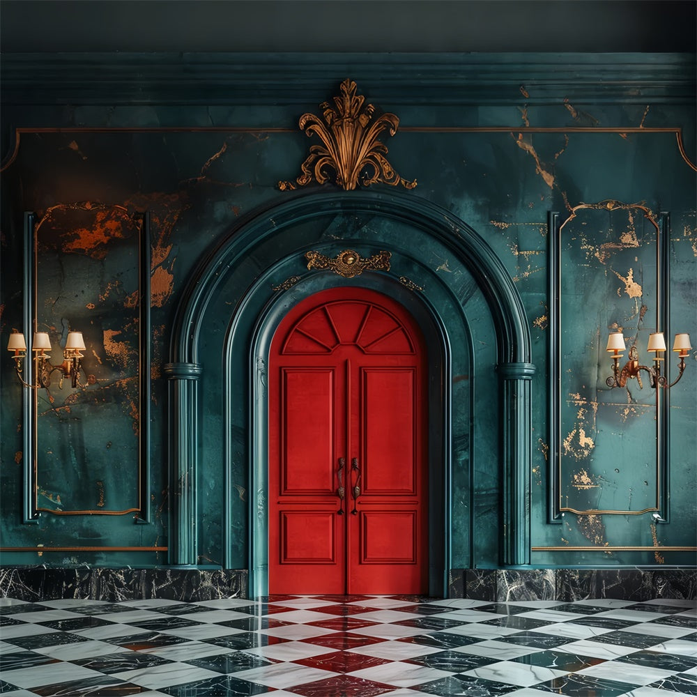 Classic Red Door with Elegant Teal Walls Backdrop UK BRP9-118