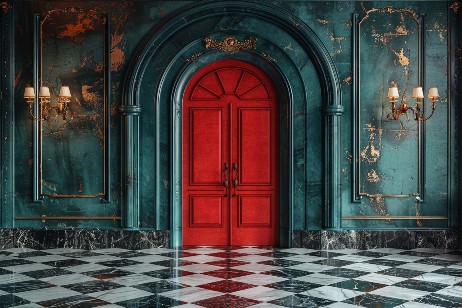 Classic Red Door with Elegant Teal Walls Backdrop UK BRP9-118