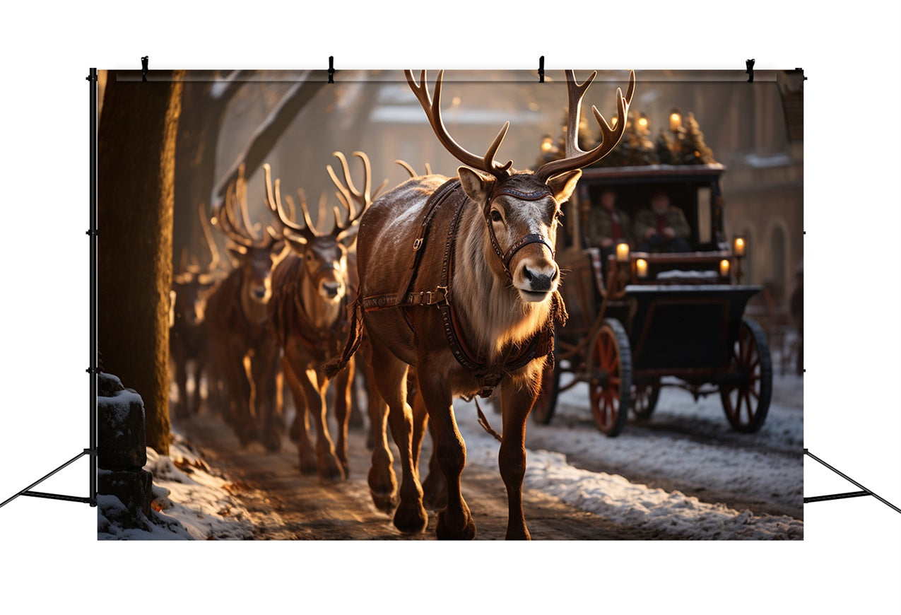 Golden Light and Reindeer Sleigh Christmas Backdrop UK BRP9-119