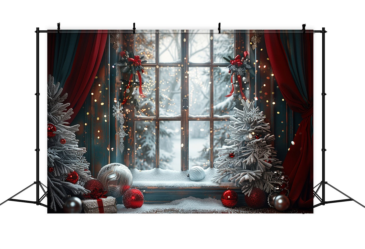 Red and Green Decor with Frosty Window Christmas Backdrop BRP9-121