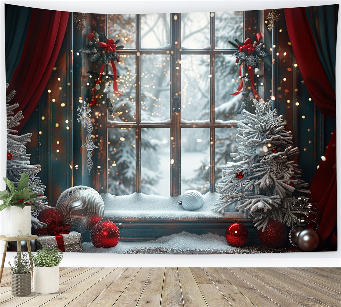 Red and Green Decor with Frosty Window Christmas Backdrop BRP9-121