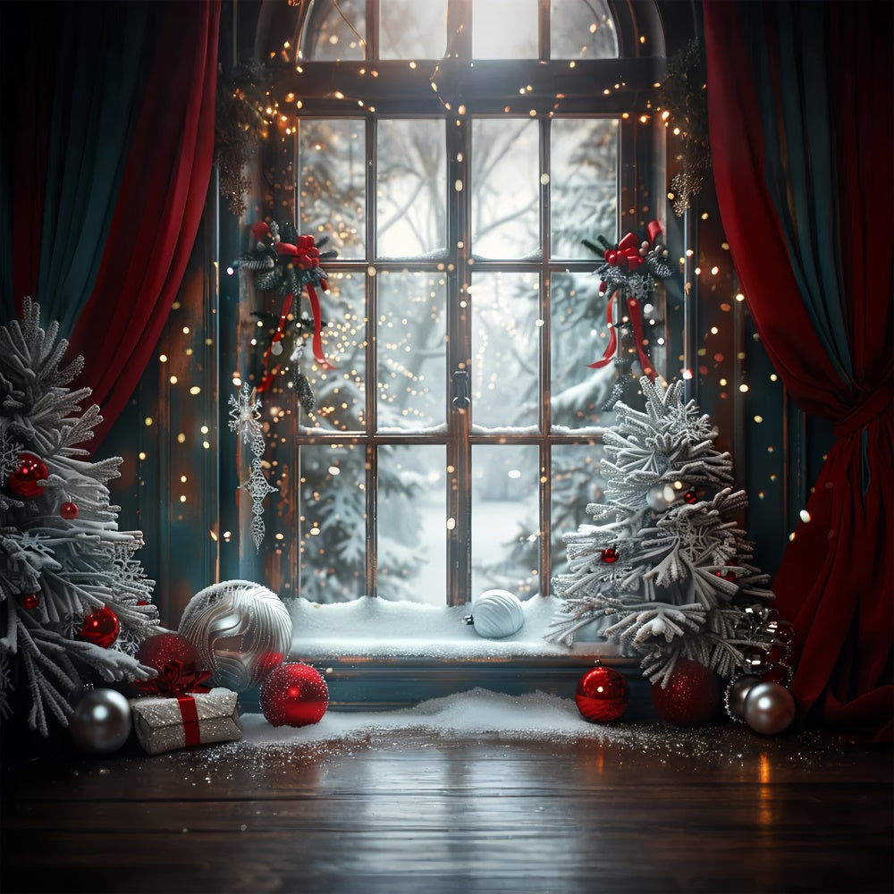 Red and Green Decor with Frosty Window Christmas Backdrop UK BRP9-121