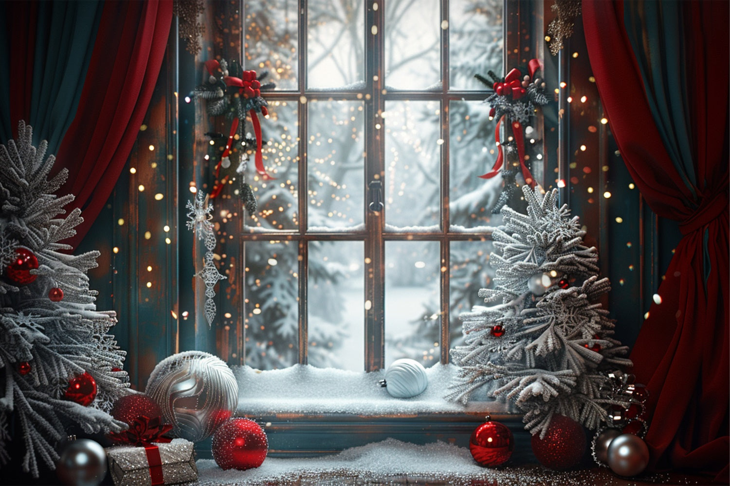 Red and Green Decor with Frosty Window Christmas Backdrop UK BRP9-121