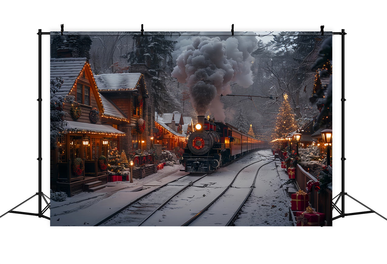 Christmas Steam Train and Decorated Village Winter Backdrop UK BRP9-122