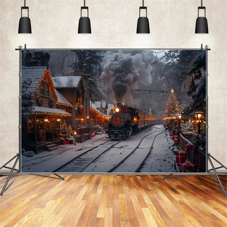 Christmas Steam Train and Decorated Village Winter Backdrop UK BRP9-122