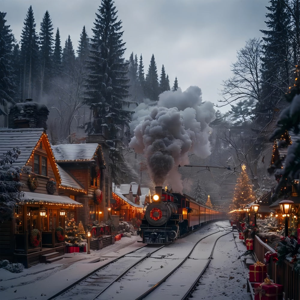 Christmas Steam Train and Decorated Village Winter Backdrop UK BRP9-122