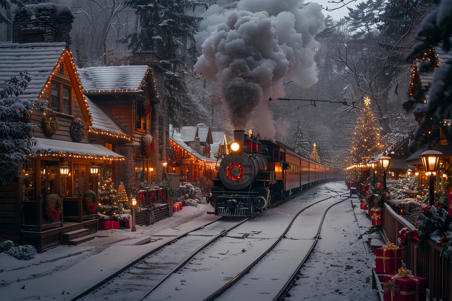 Christmas Steam Train and Decorated Village Winter Backdrop UK BRP9-122