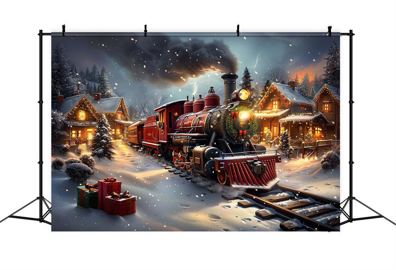 Classic Christmas Train and Snowy Cabin Backdrop uk BRP9-124