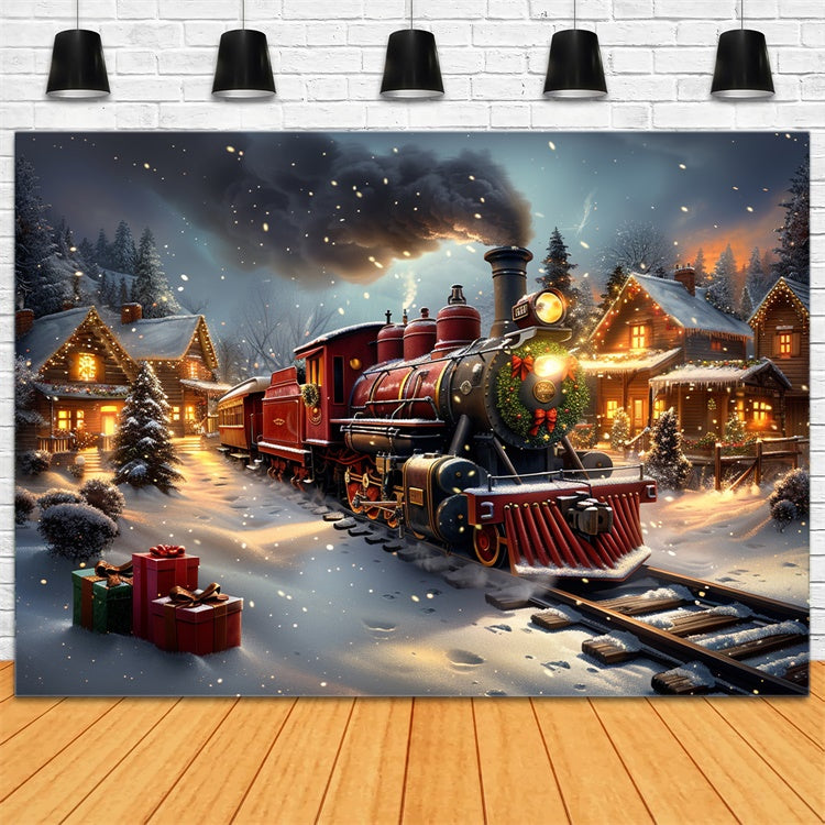 Classic Christmas Train and Snowy Cabin Backdrop uk BRP9-124