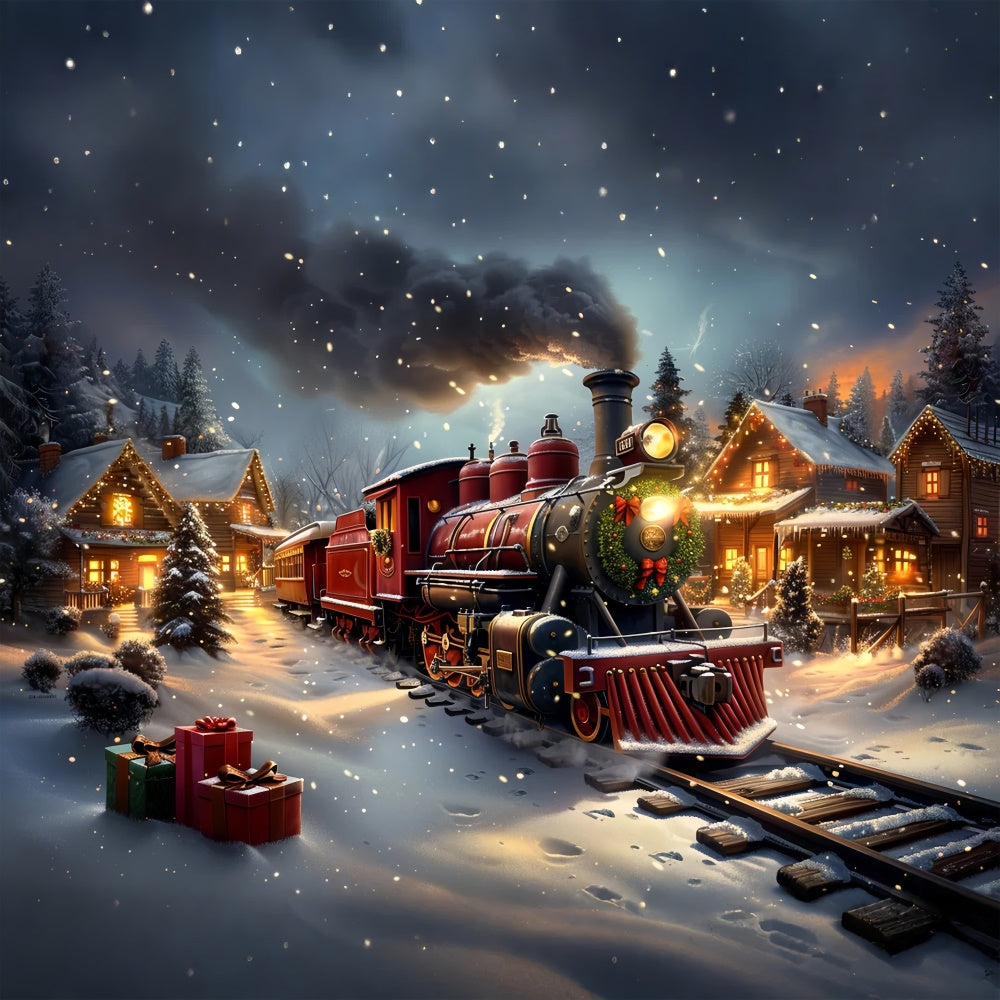 Classic Christmas Train and Snowy Cabin Backdrop uk BRP9-124