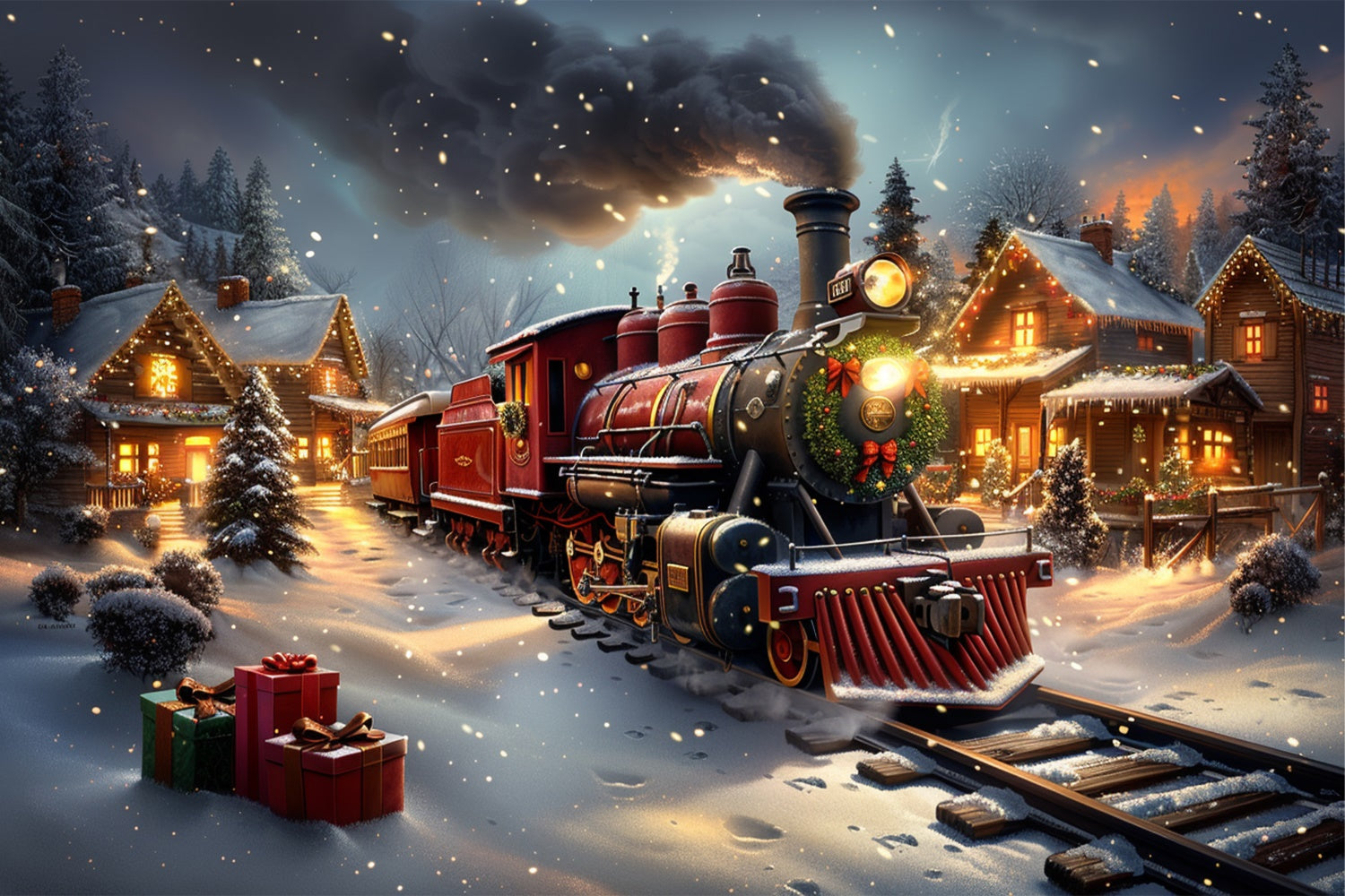 Classic Christmas Train and Snowy Cabin Backdrop uk BRP9-124