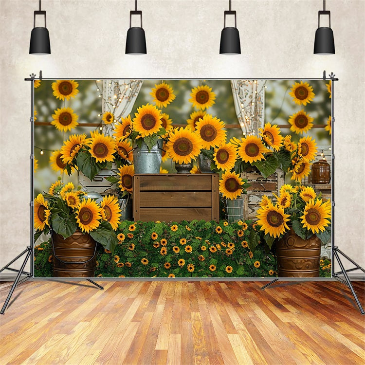 Rustic Wooden Crate Vibrant Sunflower Fall Backdrop UK BRP9-128